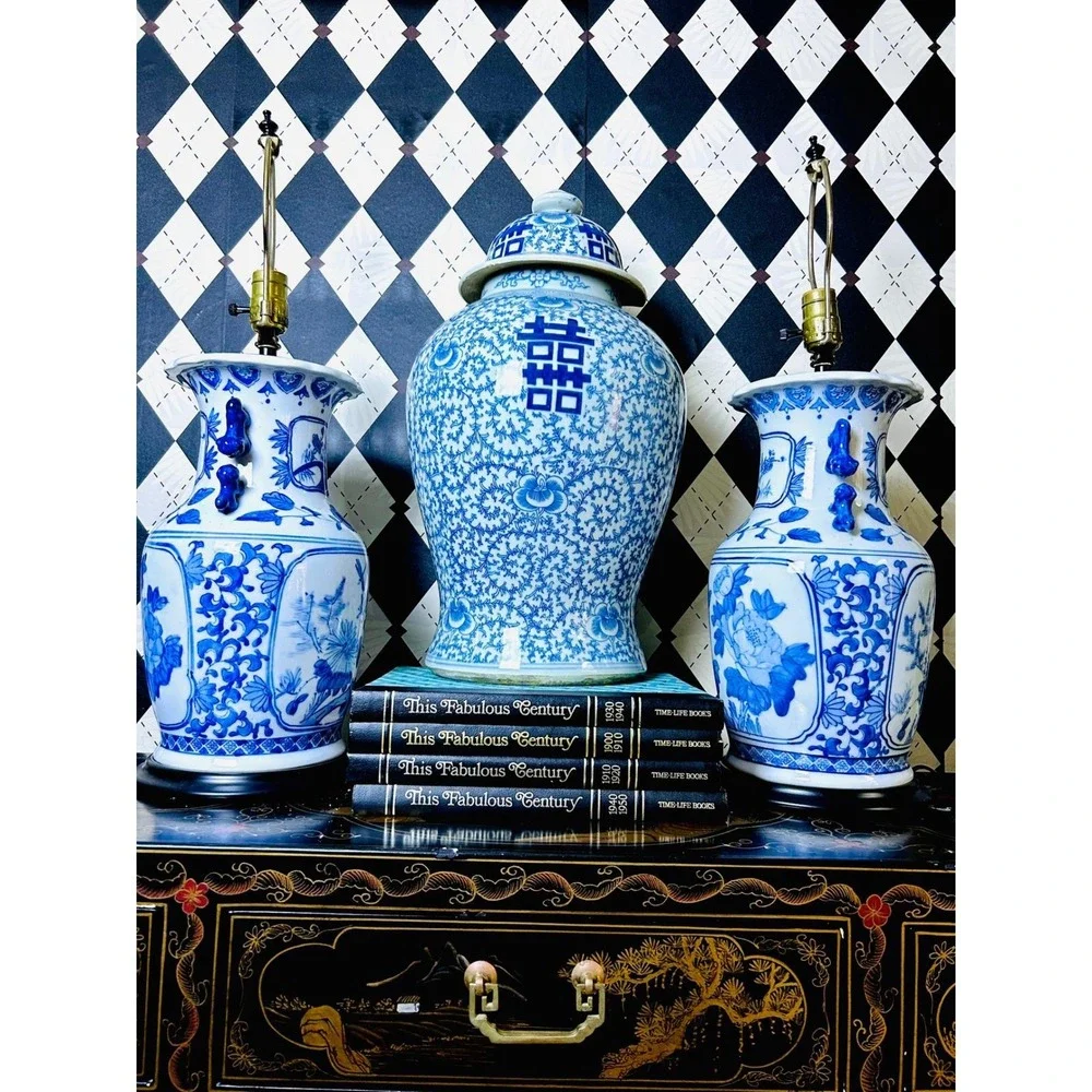 Large Blue White Ginger Jar Double Happiness‎ Chinese Porcelain Temple Jar
